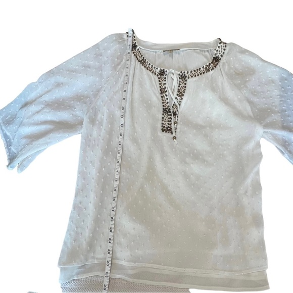 Democracy Peasant Blouse Womens Medium Off Wite Tassel Embroidered Sheer - Picture 7 of 12